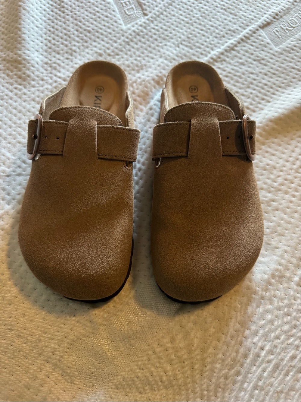 Tan Suede Buckle Clog Mules